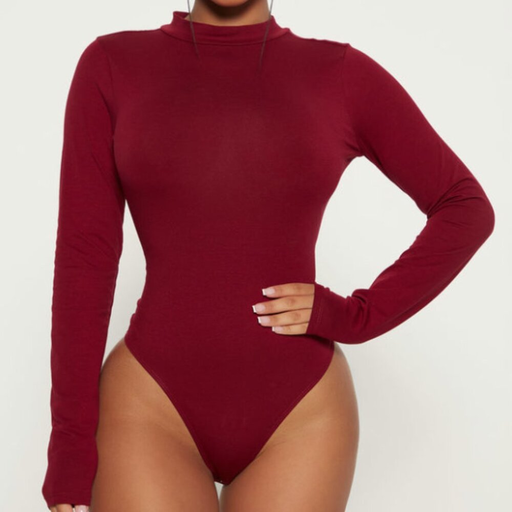 Burgundy Long Sleeve Bodysuit | Mock Neck Fitted Stretch Top
